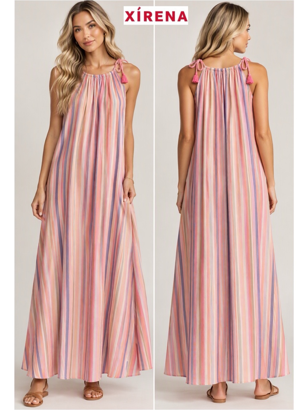 Xirena Esme Dress Striped Cotton Linen Halter Maxi Tassel Pockets L Boho Coastal